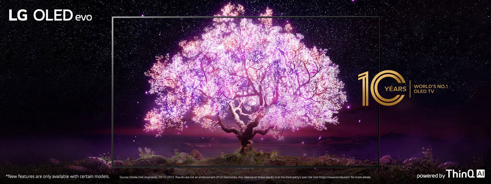 The scene where the OLED TV frame is overlapped with the image showing a tree shining in pink. The'World's No.1 OLED TV Brand' logo was placed on the upper right. The 'powered by ThinQ AI' logo was placed at the bottom right. 'LG OLED evo' logo was placed on the upper left corner.