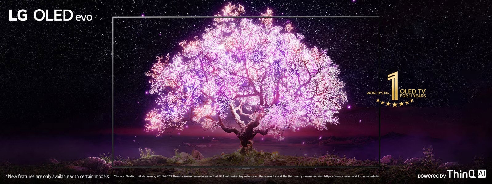 The scene where the OLED TV frame is overlapped with the image showing a tree shining in pink. The'World's No.1 OLED TV Brand' logo was placed on the upper right. The 'powered by ThinQ AI' logo was placed at the bottom right. 'LG OLED evo' logo was placed on the upper left corner.