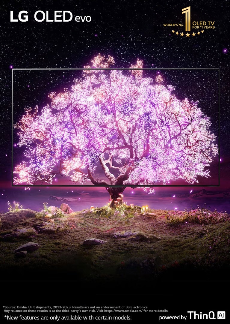 The scene where the OLED TV frame is overlapped with the image showing a tree shining in pink. The'World's No.1 OLED TV Brand' logo was placed on the upper right. The 'powered by ThinQ AI' logo was placed at the bottom right. 'LG OLED evo' logo was placed on the upper left corner.