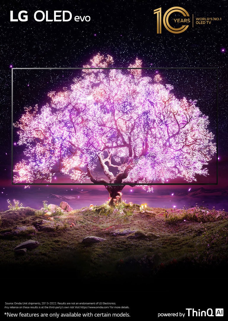 The scene where the OLED TV frame is overlapped with the image showing a tree shining in pink. The'World's No.1 OLED TV Brand' logo was placed on the upper right. The 'powered by ThinQ AI' logo was placed at the bottom right. 'LG OLED evo' logo was placed on the upper left corner.