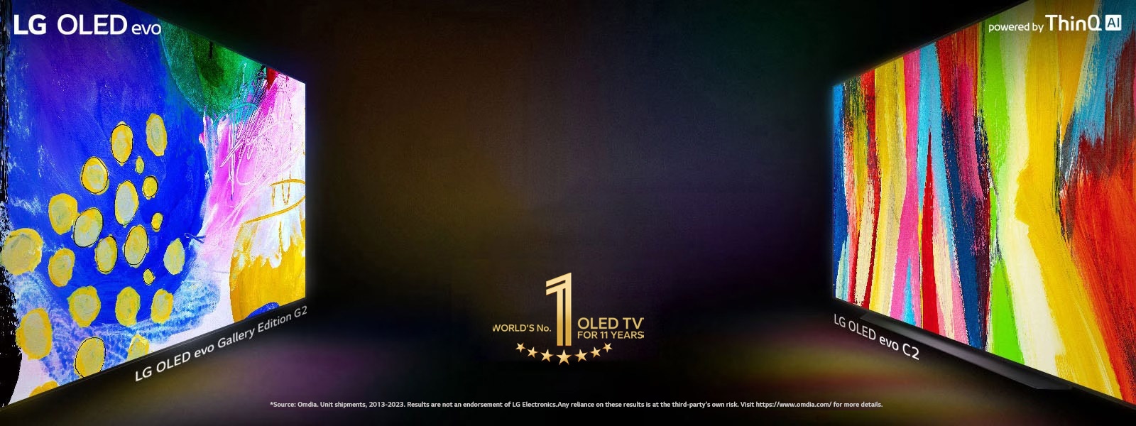 "A side view of the LG OLED C2 and LG OLED G2 Gallery Edition facing each other across a dark room with bright, colorful artworks on their screens.	  "