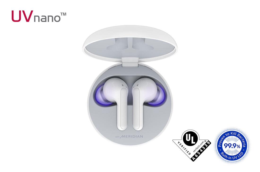 LG Tone Free FN6 True Wireless White Earbuds, A top view of a cradle opened up and two earbuds inside it with UV lighting on, HBS-FN6