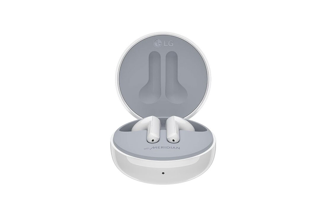 LG Tone Free FN6 True Wireless White Earbuds, A 45 degrees angle of a cradle opened up and two earbuds inside it, HBS-FN6, thumbnail 6