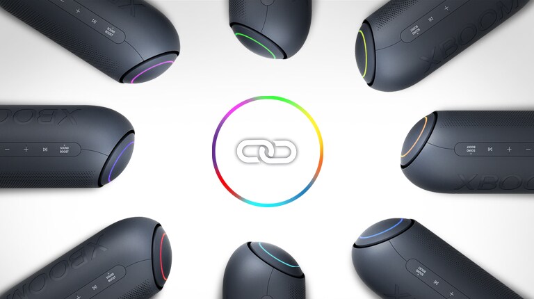 On a white background, eight LG XBOOM Go with various lights are placed in a circle around a link icon.