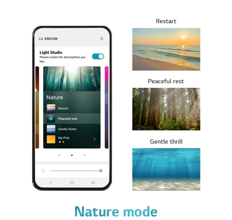 Mobile phone image with the APP screen on in nature mode. An image of a beach setting in the sunset. An image of a sunlit forest. The image of light shining under the clear sea.