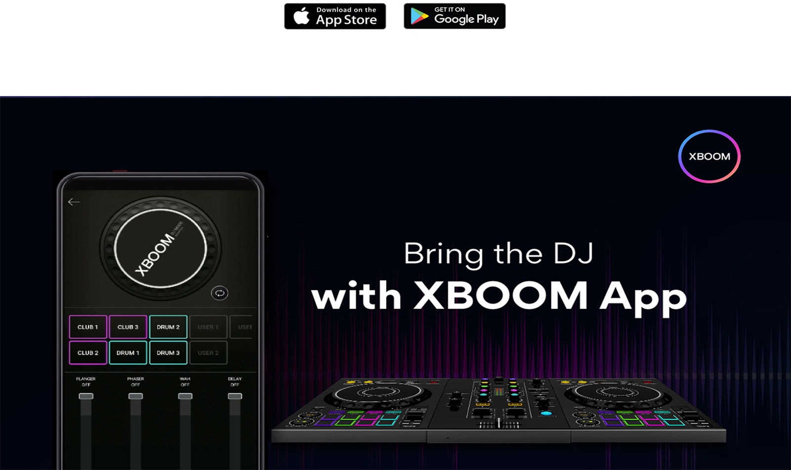 An image of a mobile phone showing the DJ MODE of the APP, and an actual DJ PAD next to it. At the top of the image is the XBOOM APP logo.