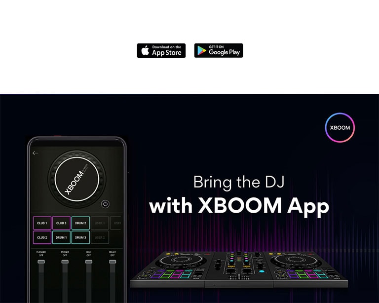 An image of a mobile phone showing the DJ MODE of the APP, and an actual DJ PAD next to it. At the top of the image is the XBOOM APP logo.
