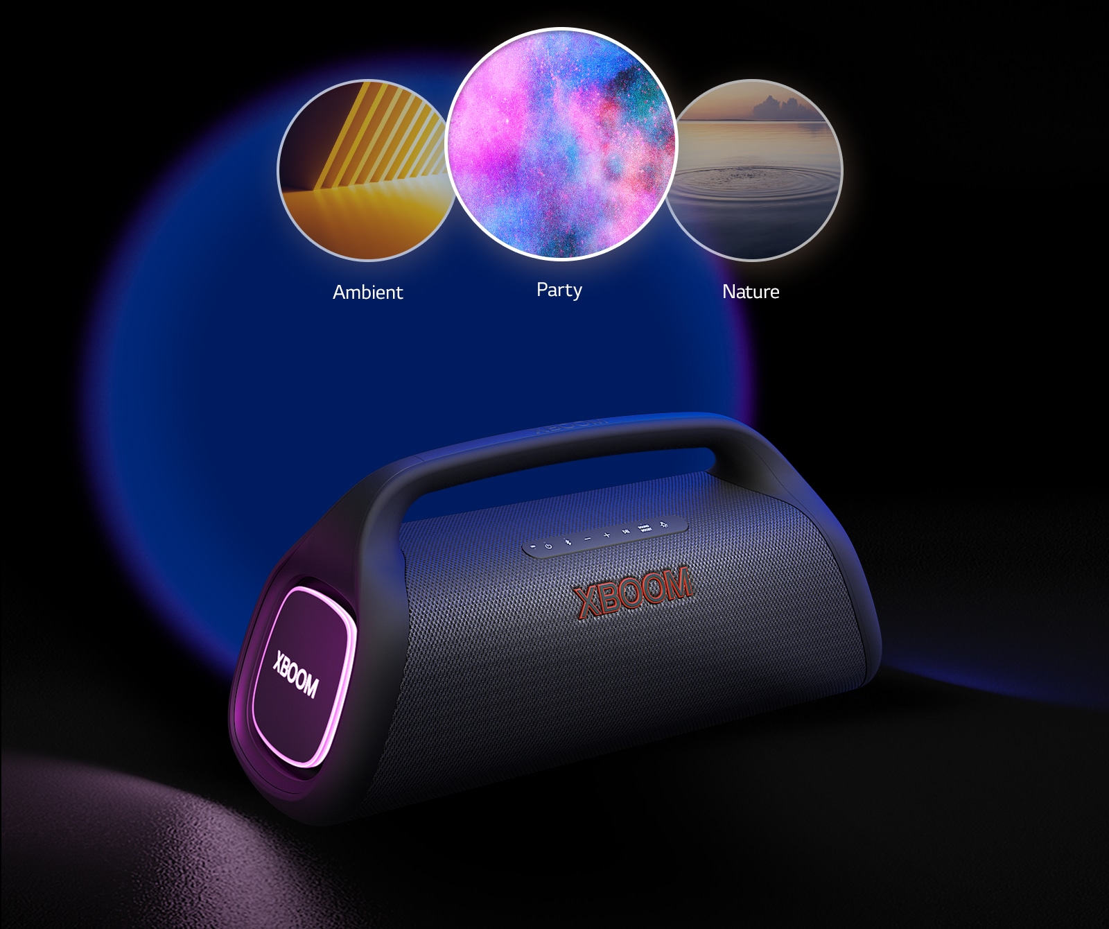 LG XBOOM Go XG9 with purple lighting is placed on the floor. On top of the speaker it shows three modes; rhythm, party, fireworks, space.