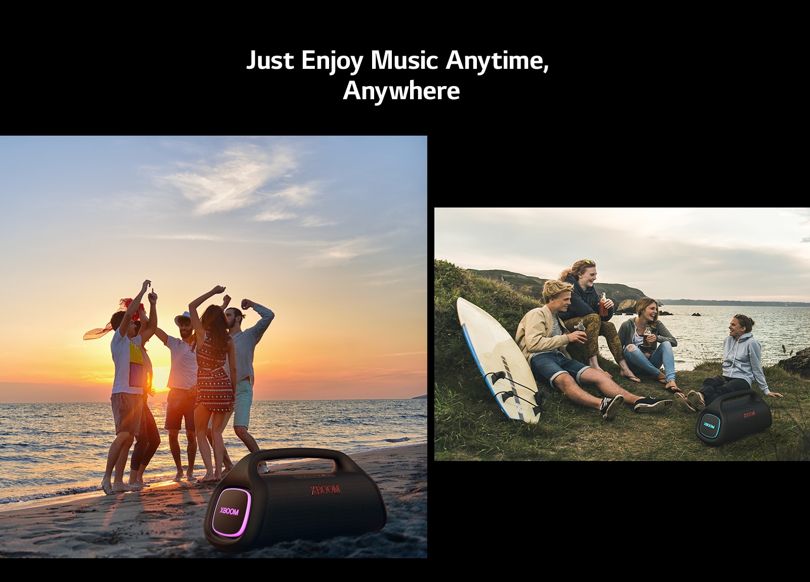 A line is placed above the text for the design purpose. Below the text, it has two images. From left, a group of people are dancing while LG XBOOM Go XG9 with pink lighting is placed on the sand. On the right, a group of young people enjoying their time near beach. LG XBOOM Go XG9 with cyon lighting is place on the grass.