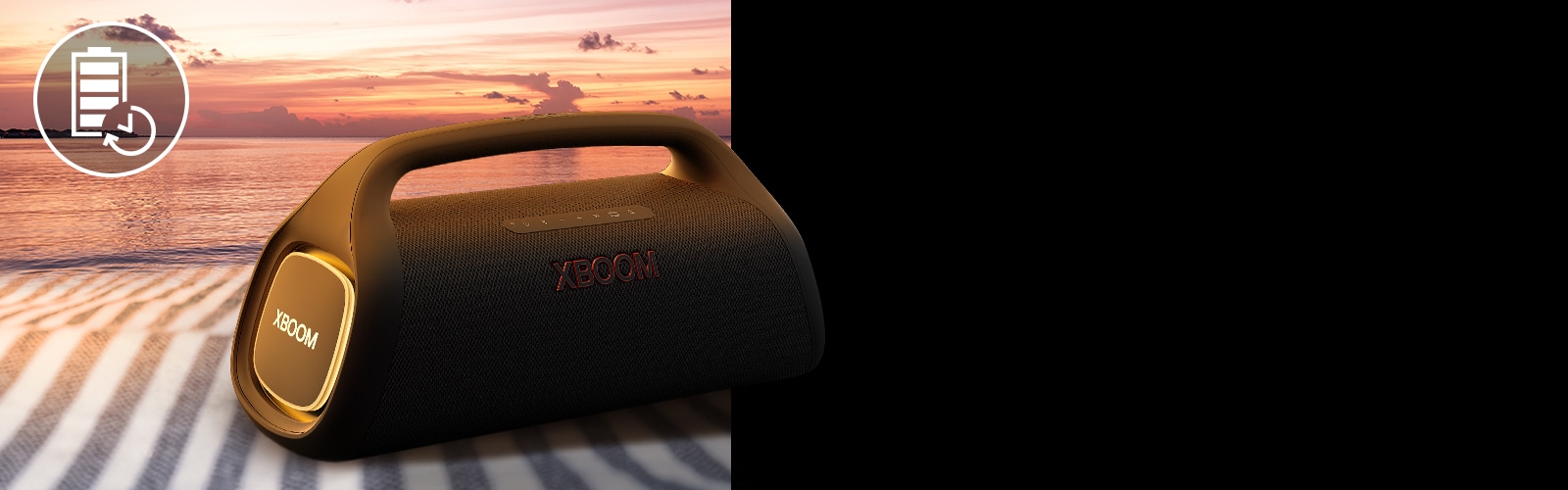 The speaker is placed on a beach towel. In front of the speaker, it shows sunset beach to illustrate that this speaker can be played longer.