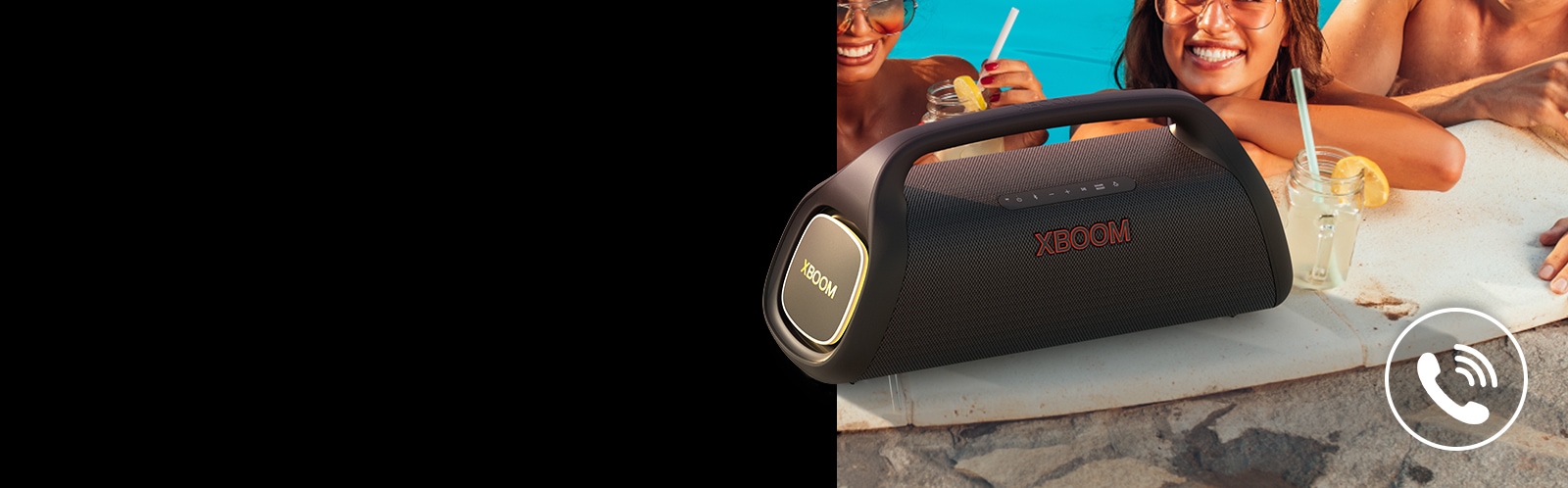 LG XBOOM Go XG9 is placed on the poolside. Three people are talking through the speaker in the pool.