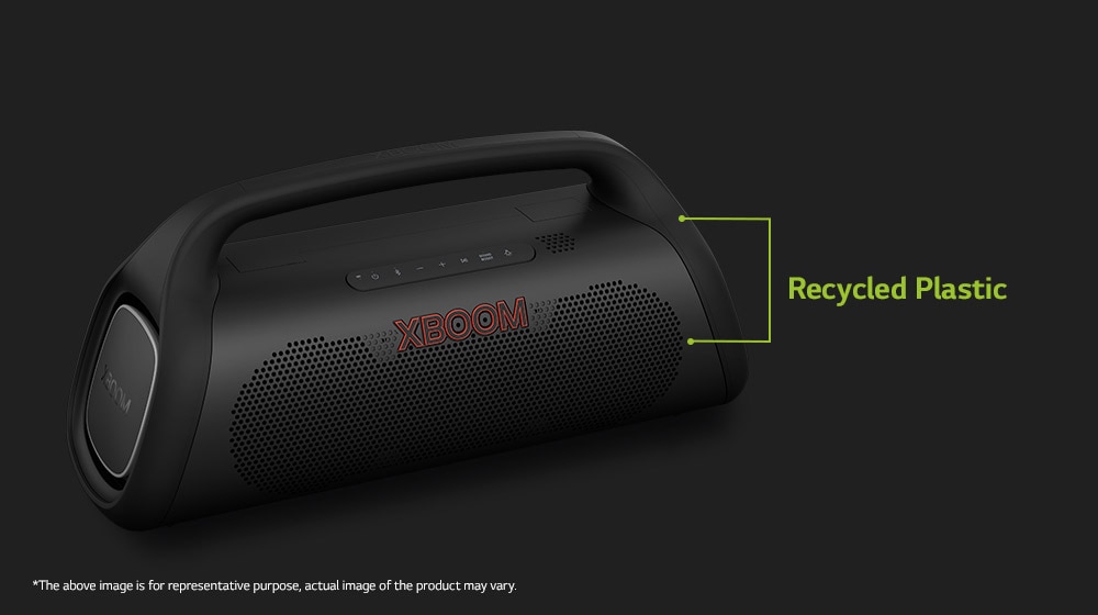 There is a diagonal view of speaker, showing recycled parts.