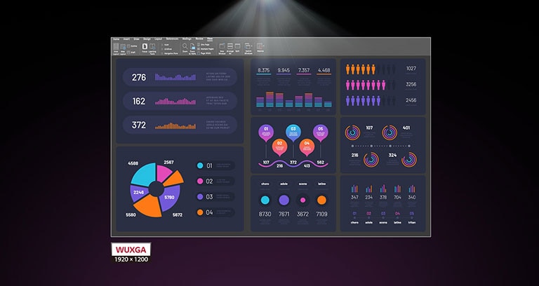 Up to 300-inch screen size and WUXGA (1920x1200) resolution.