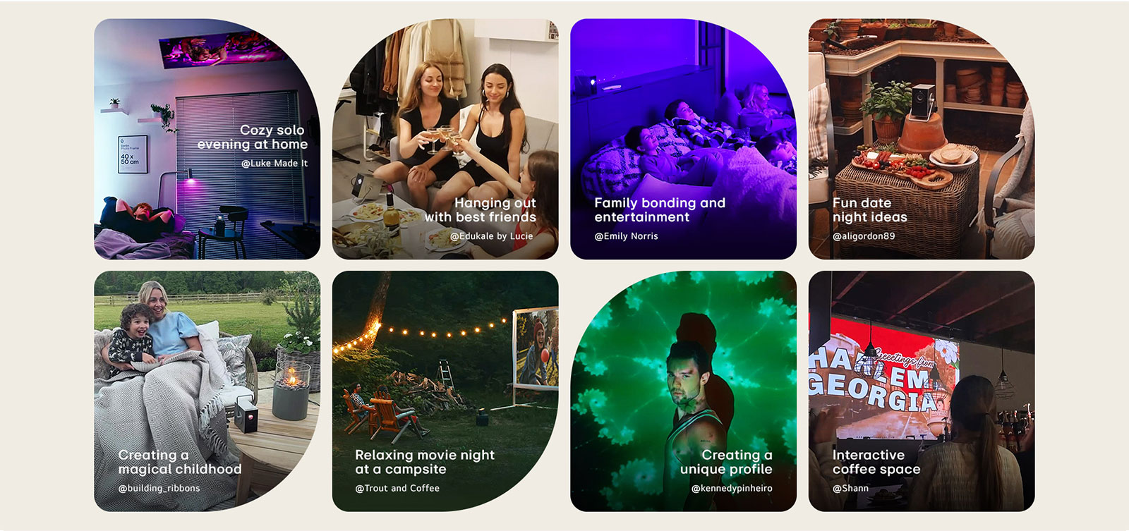 It showcases eight images depicting various scenarios of people using the Cinebeam Q projector. In order, it showcases a cozy solo evening at home, Hanging out with best friends, Family bonding and entertainment, Fun date night ideas, Creating a magical childhood, Relaxing movie night at a campsite, Creating a unique profile, and Interactive coffee space.	