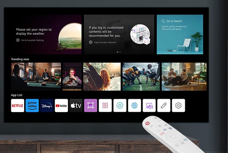Image of webOS home UI and remote control.