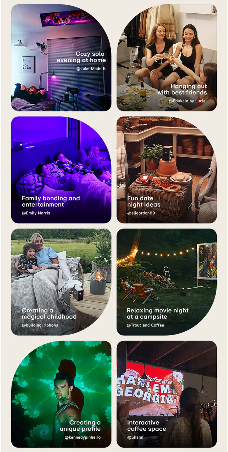 It showcases eight images depicting various scenarios of people using the Cinebeam Q projector. In order, it showcases a cozy solo evening at home, Hanging out with best friends, Family bonding and entertainment, Fun date night ideas, Creating a magical childhood, Relaxing movie night at a campsite, Creating a unique profile, and Interactive coffee space.	