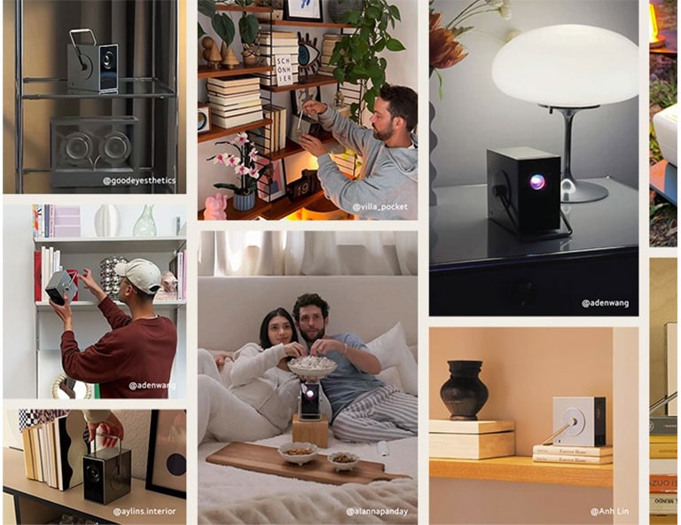 The video showcases influencers using the Cinebeam Q projector in various locations and settings.	