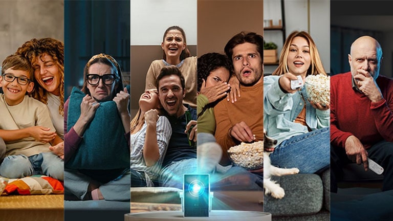 The video showcases various expressions of people enjoying content with the Cinebeam Q. In order, it features: a happy family with a child, a woman watching alone with a frightened expression, friends celebrating a victory together, a couple sharing a moment of surprise, a woman relaxing with her dog while eating popcorn, and a middle-aged man with a serious expression.	