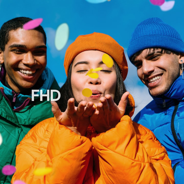 Three people wearing green, yellow, and blue outfits.	