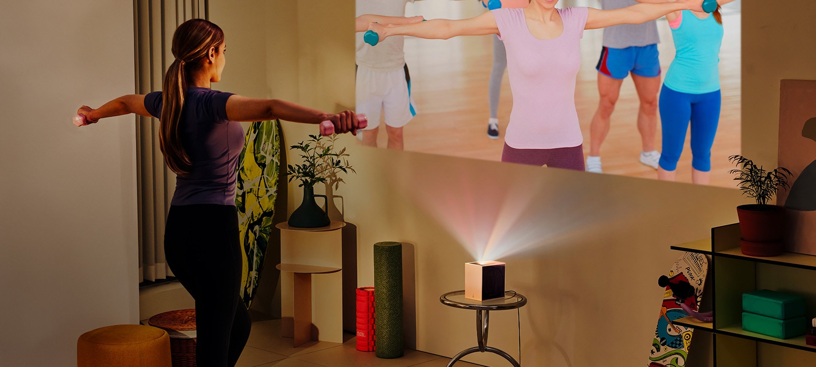 Woman doing yoga with LG CineBeam projection in the background.	