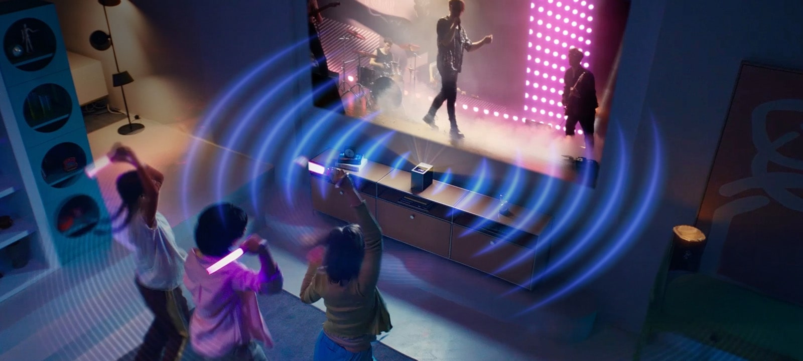 Blue soundwave graphic coming out of LG CineBeam projector	