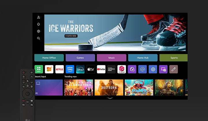 Image of webOS home UI and remote control.