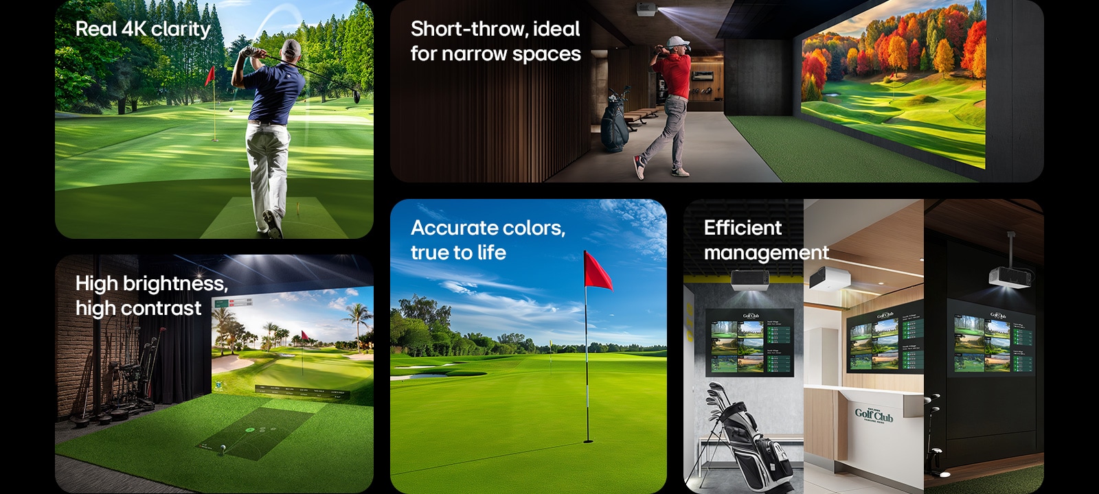 Image grid highlights LG ProBeam projector features: 4K clarity, short-throw projection, high brightness, true colors, and efficient management for golf simulators.	