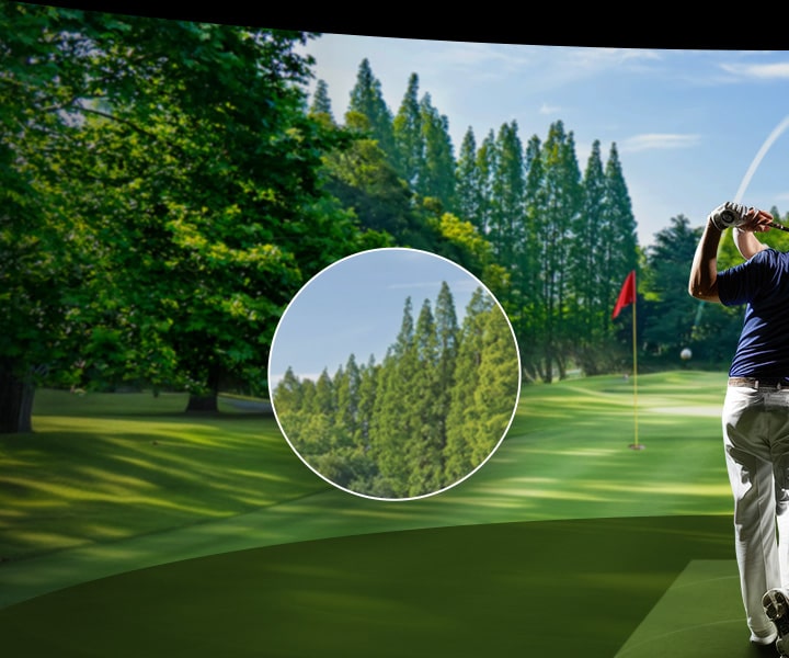 A golf course scene with a zoomed-in section of trees, appearing less detailed and slightly dull, representing a lower resolution.	