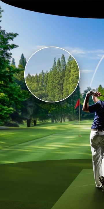 A golf course scene with a zoomed-in section of trees, appearing less detailed and slightly dull, representing a lower resolution.	