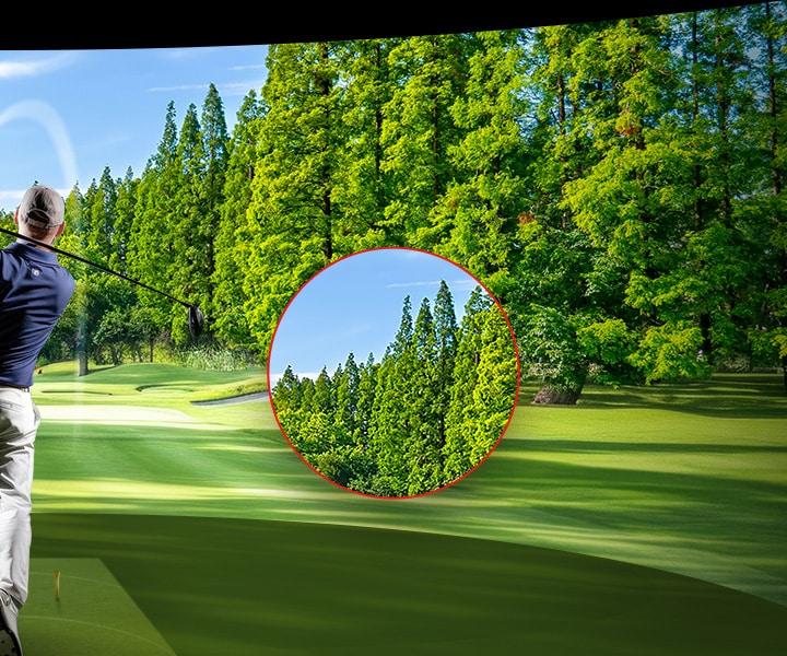 A vivid golf course scene with a zoomed-in section of trees, showing sharp details and bright greens, demonstrating LG ProBeam’s 4K clarity.	