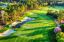 There is a stunning aerial view of a golf course with sand bunkers, water features, and distances marked as 150m and 200m.	