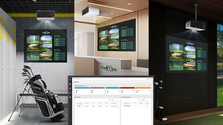 It shows the same screen in three different indoor golf spaces.	