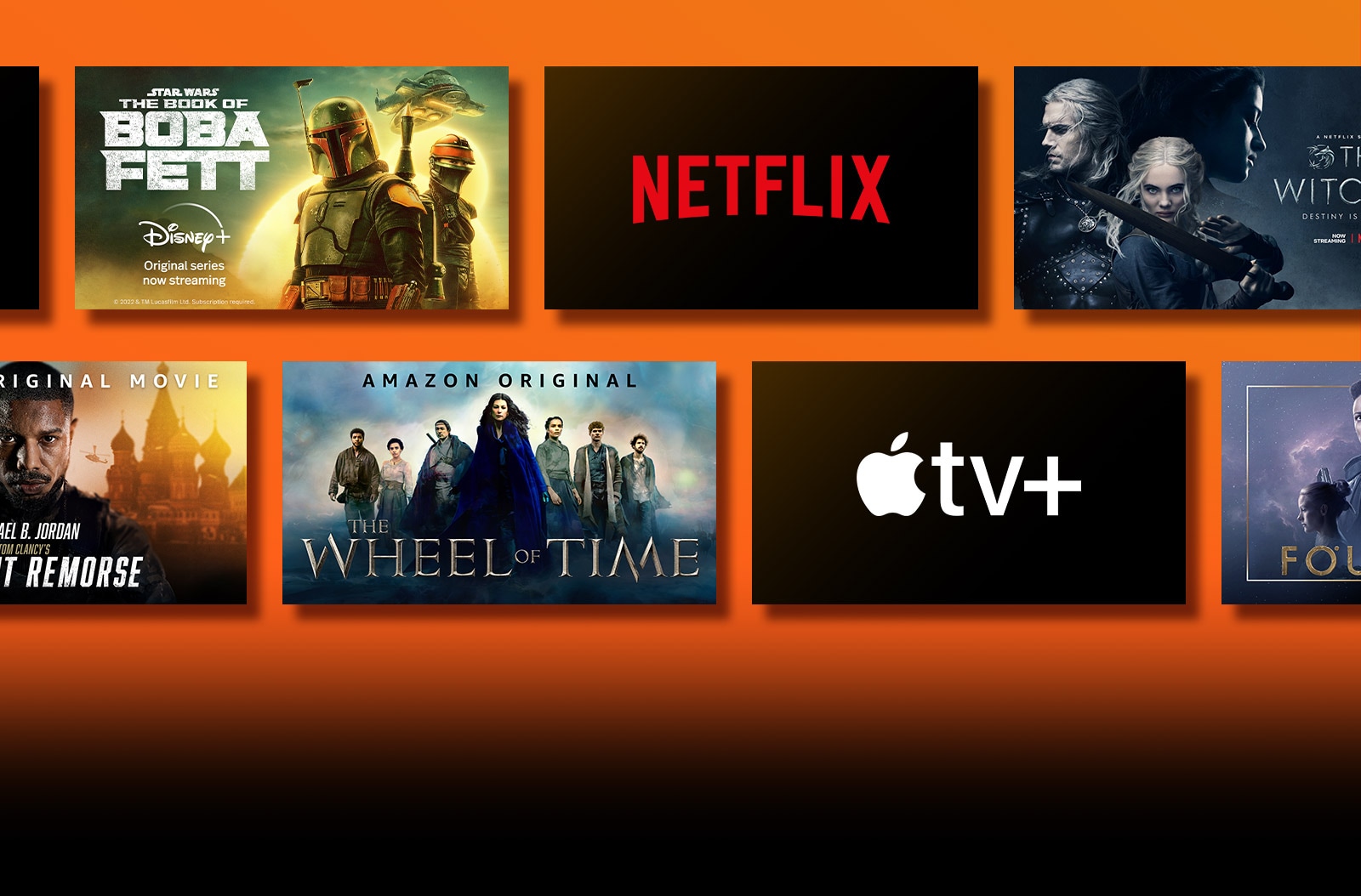 There are logos of streaming service platforms and matching footages right next to each logo. Netflix logo and money heist and the Witcher. Prime Video logo and Without Remorse and The Wheel of Time. Livenow logo and mamamoo teaser image and OneUs teaser image. Apple TV plus logo and Foundation and Finch. 