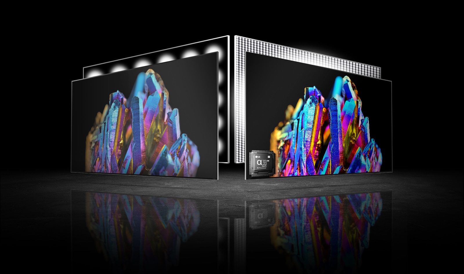 There are two TV screens – one on left another on right. There are same images of a colorful crystal on each TV. An image on left is a bit pale while an image on right is very vivid. There is a processor chip image on left bottom corner of a TV on right image.