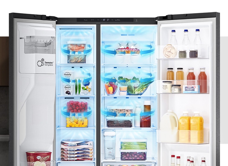Inside the refrigerator filled with ingredients, blue arrows, which mean cold, are displayed below, on both sides, and on the whole.