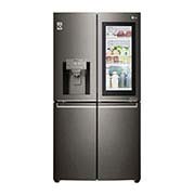LG 4 Door Refrigerator, InstaView™ Door-in-Door®, Black Stainless Steel, Hygiene FRESH+™, ThinQ™, Front View with lights on, GR-X39FMKHL, thumbnail 2