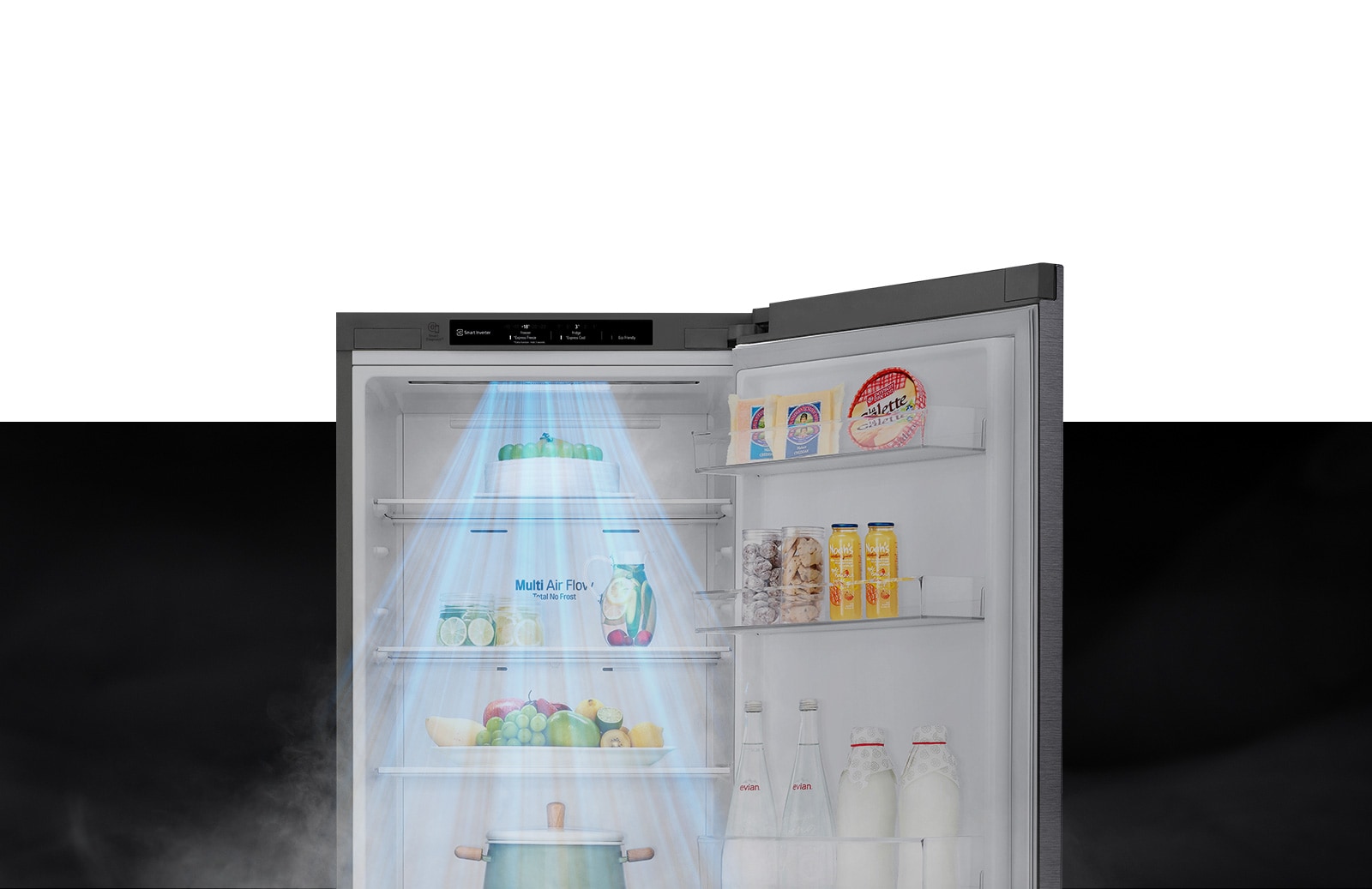 The top half of the refrigerator is shown with the door open. Inside, the shelves are filled with produce and drinks and a gust of wind comes down from the top to cool off the food.