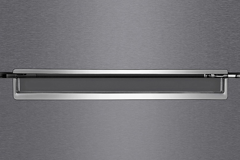 A close up photo of the center of the refrigerator showcasing the elegant and minimalistic handle.