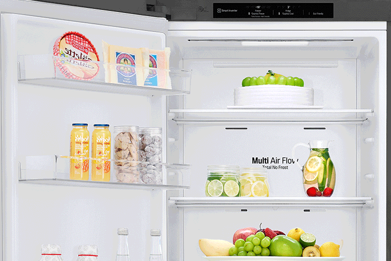 The refrigerator is shown with the door opening to the left instead of the more common right to show it is customizable.