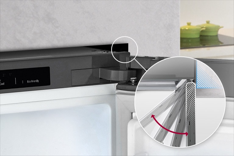 The top of the refrigerator is shown with the door open in the corner. There is an inset photo to show a closer view of the door opening and how it is not taller than the fridge box.