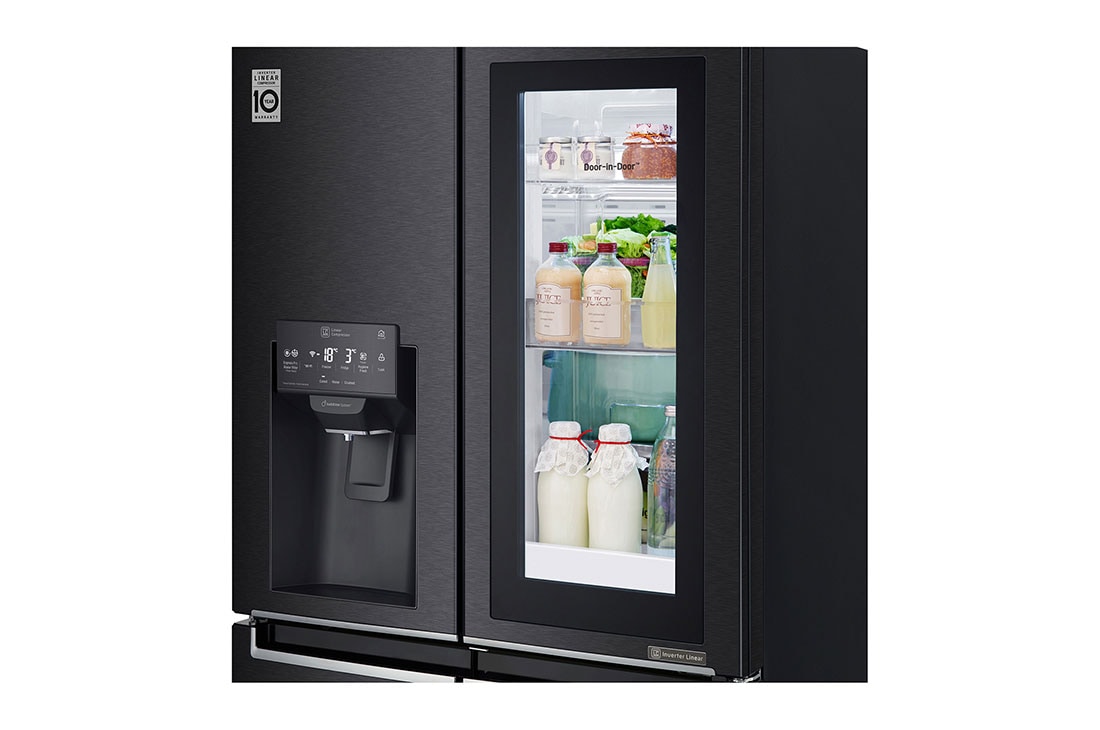 LG Slim Fridge, French Door InstaView™, 423L, Black, Front View Instaview panel on, GR-X29FTQEL, thumbnail 4