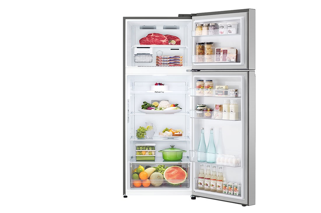 LG Top Mount Fridge, Smart Inverter, 375L, Silver, front open view with food stored, GN-B482PLGB, thumbnail 2
