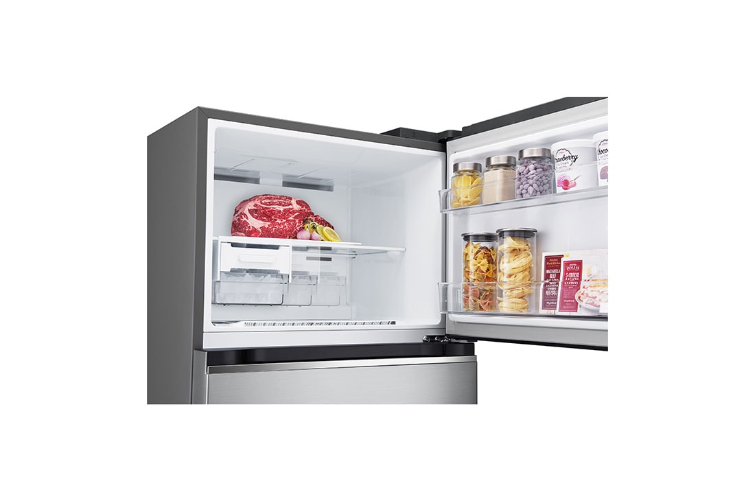LG Top Mount Fridge, Smart Inverter, 375L, Silver, top freezer opened with moving ice maker attached and food stored, GN-B482PLGB, thumbnail 6