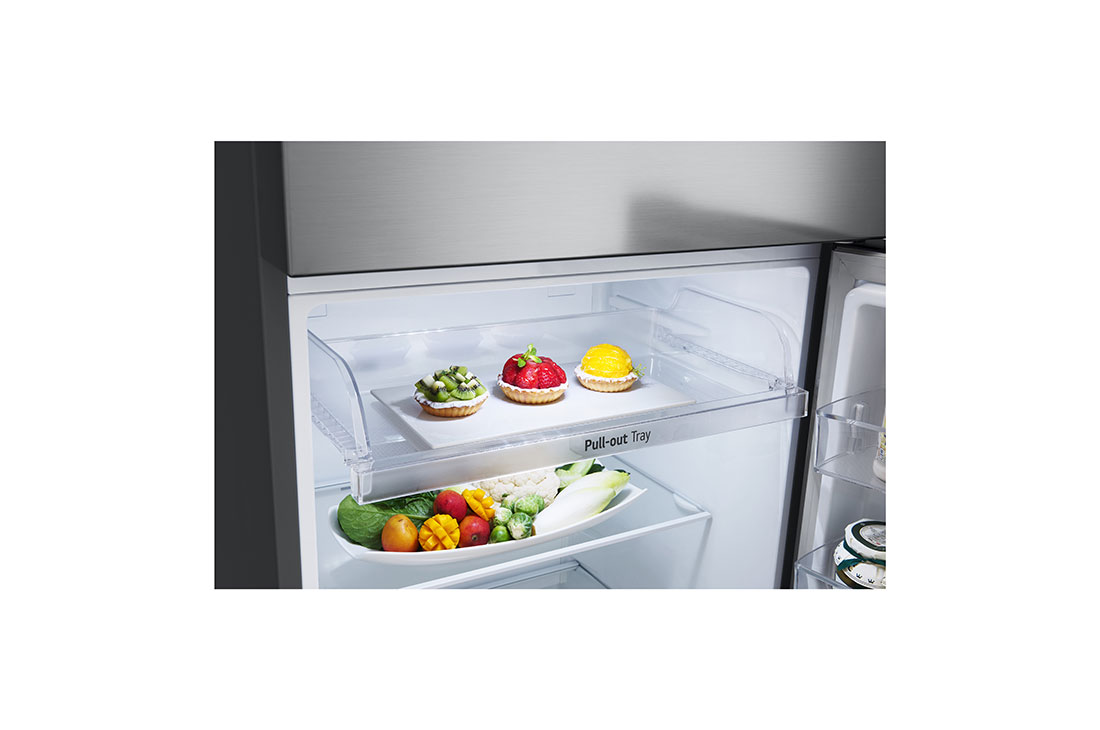 LG Top Mount Fridge, Smart Inverter, 375L, Silver, detail view of pull-out tray, GN-B482PLGB, thumbnail 8