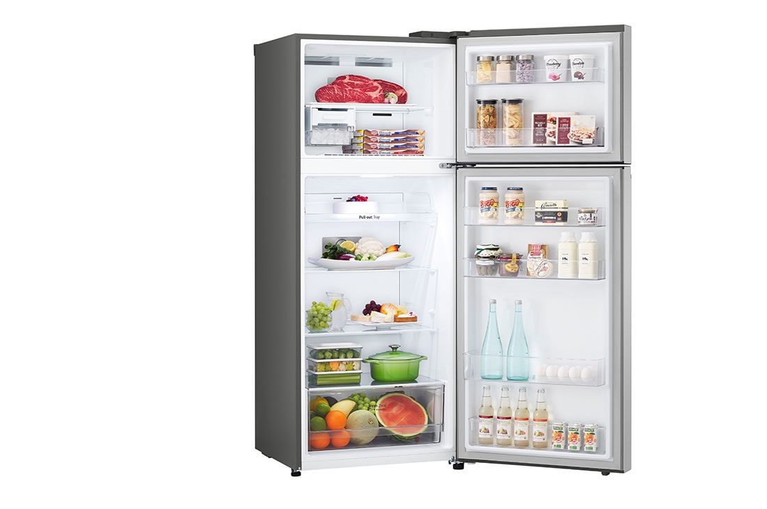 LG Top Mount Fridge, Smart Inverter, 375L, Silver, open view with food stored, GN-B482PLGB, thumbnail 10