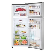 LG New Smart Inverter Top Freezer, Door Cooling+, Multi Air Flow, Smart Diagnosis, Platinum Silver, front open view with food stored, GN-B482PLGB, thumbnail 2