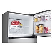 LG New Smart Inverter Top Freezer, Door Cooling+, Multi Air Flow, Smart Diagnosis, Platinum Silver, top freezer opened with moving ice maker attached and food stored, GN-B482PLGB, thumbnail 6