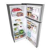 LG New Smart Inverter Top Freezer, Door Cooling+, Multi Air Flow, Smart Diagnosis, Platinum Silver, top perspective open view with food stored, GN-B482PLGB, thumbnail 11