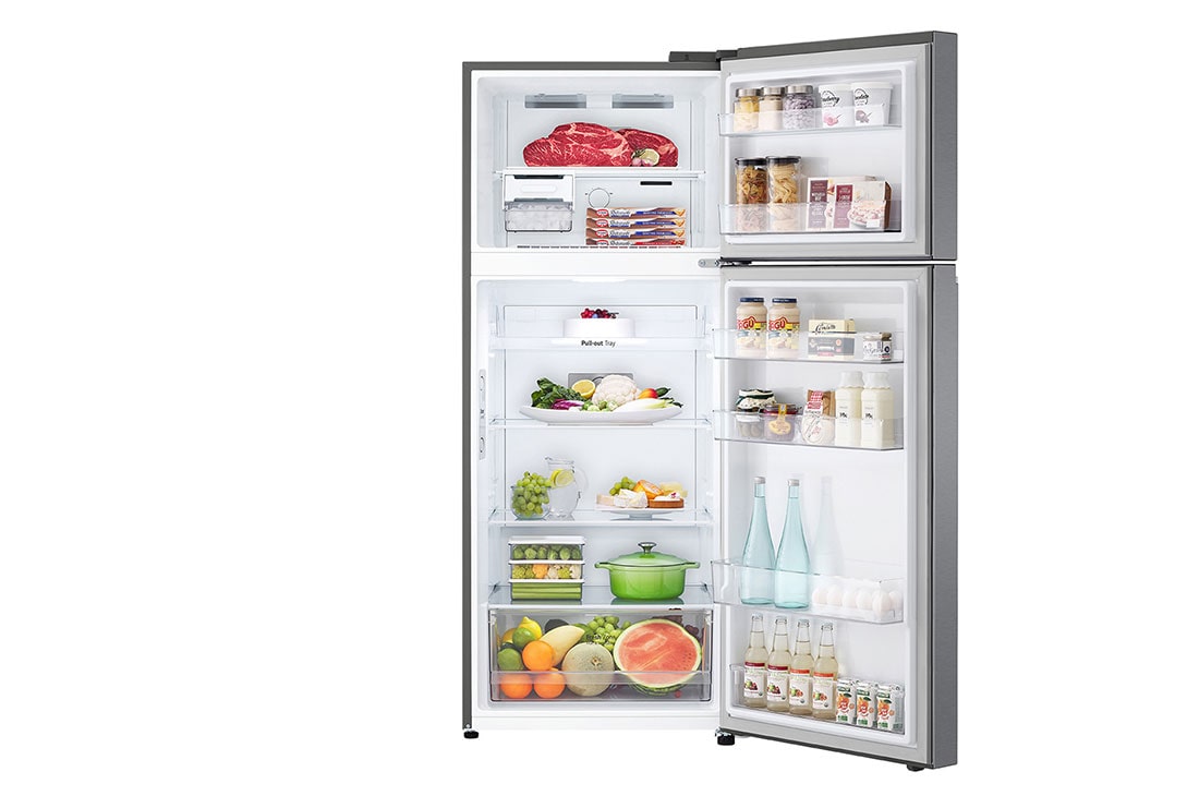 LG Top Mount Fridge, 395L, Graphite Steel, front open view with food stored, GN-B512PQGB, thumbnail 2