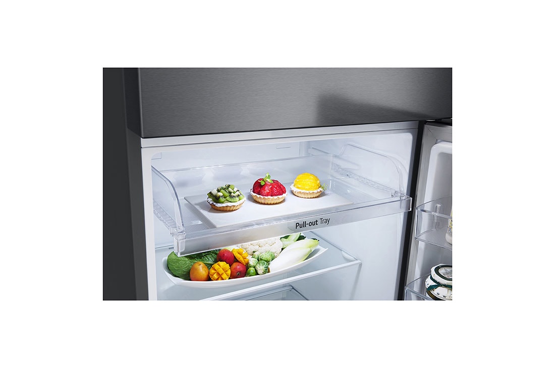 LG Top Mount Fridge, 395L, Graphite Steel, detail view of pull-out tray, GN-B512PQGB, thumbnail 8